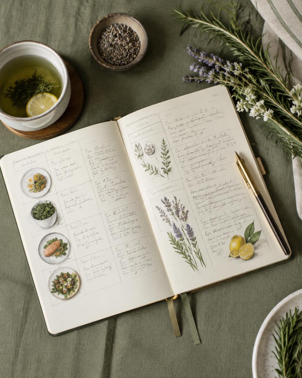 Wellness journal with a weekly meal plan and herbal tea