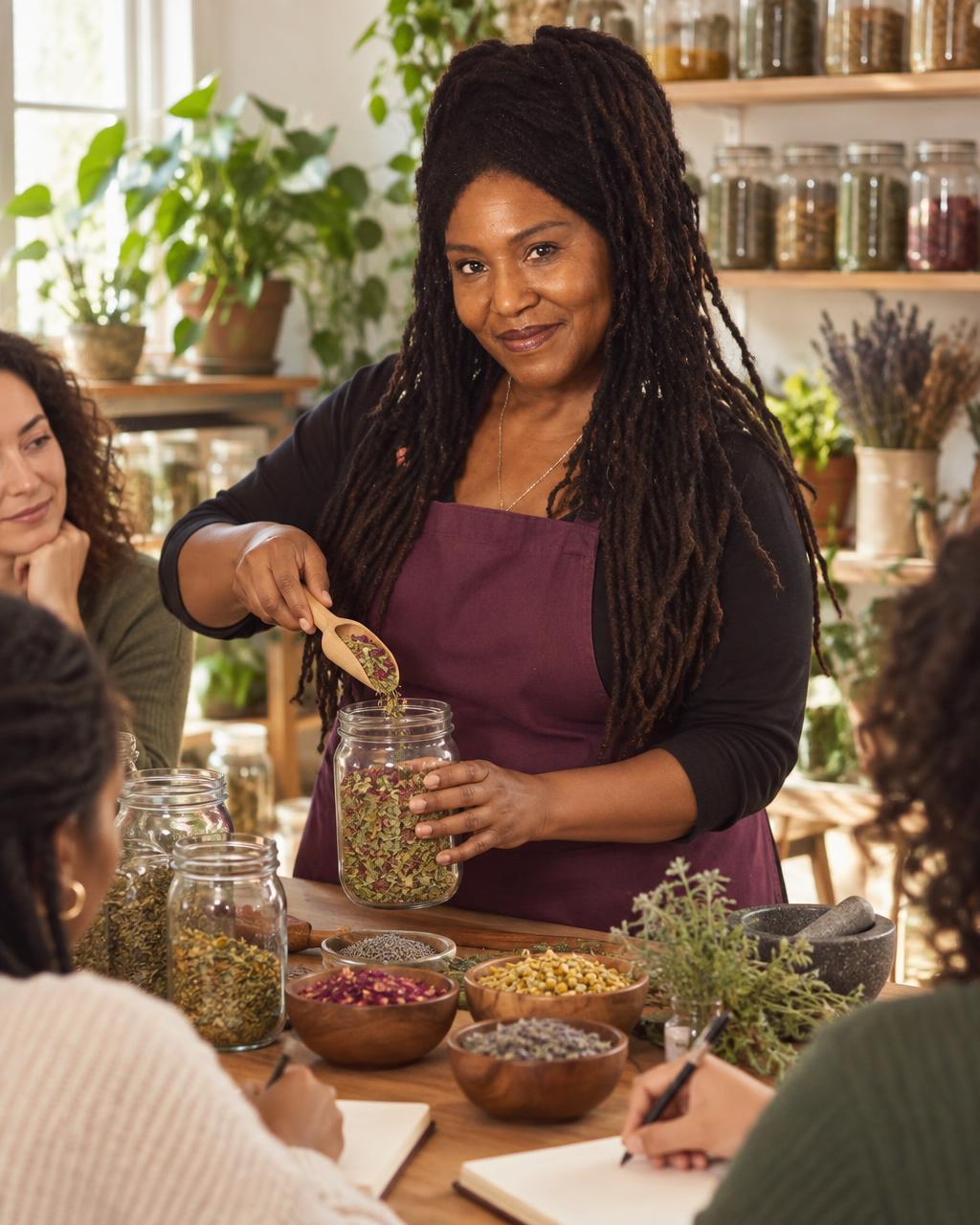 Lineen leading a hands-on herbal workshop