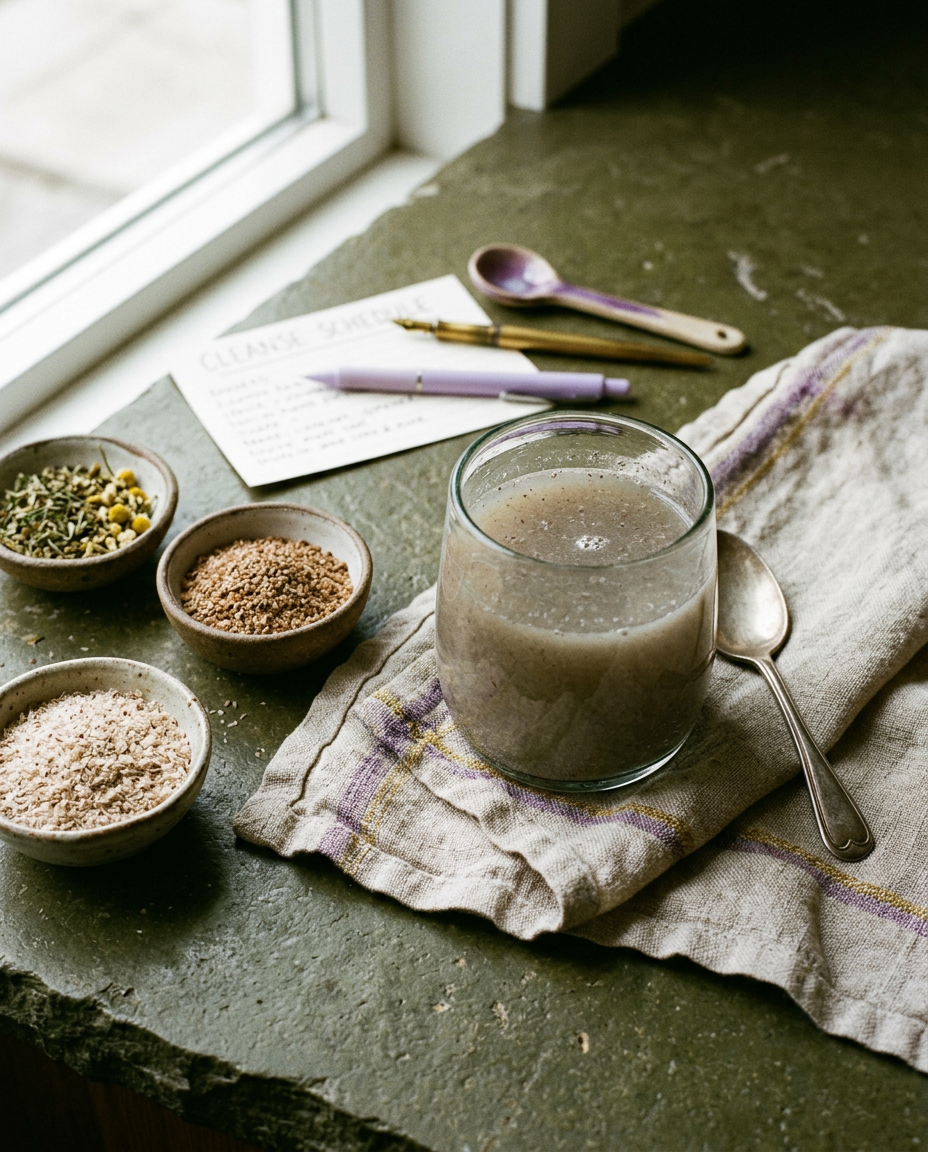 Herbs, psyllium and bentonite clay arranged for a gut cleanse