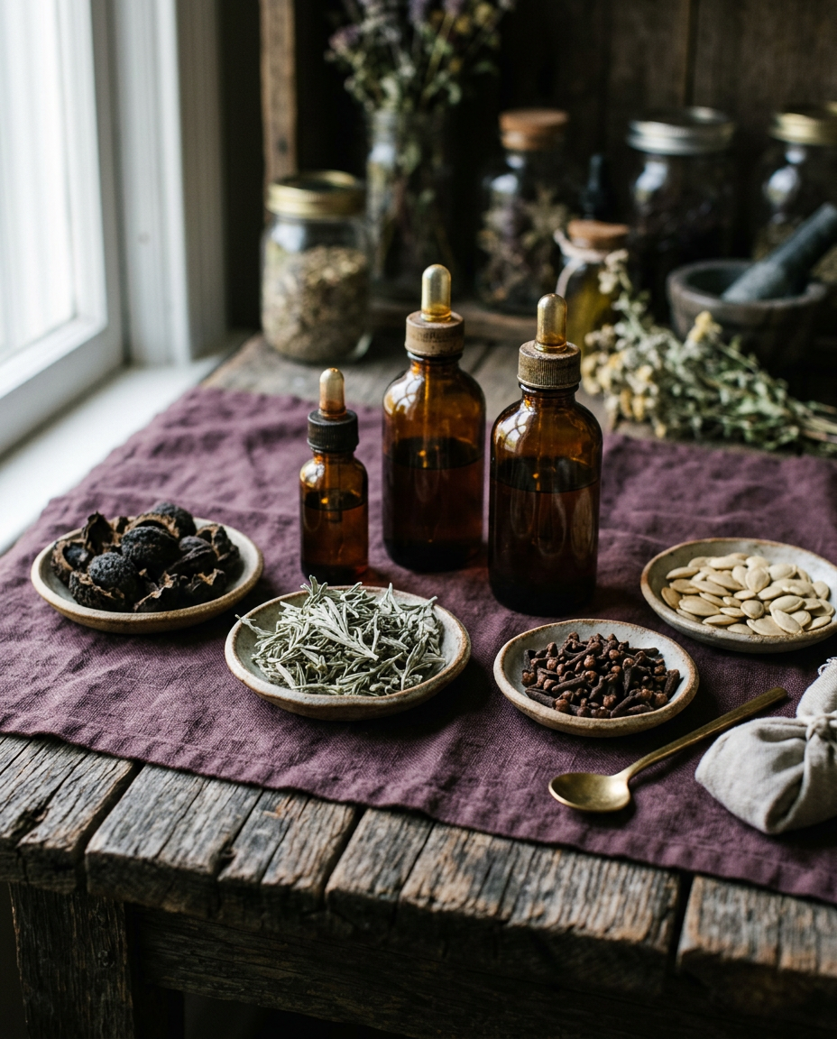 Dried herbs and tinctures used in a parasite cleanse